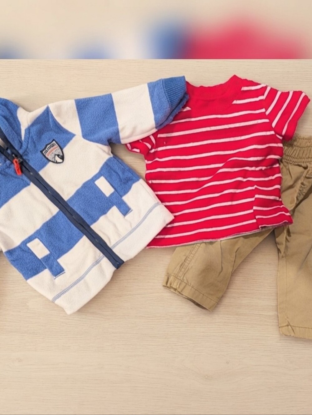 Carter's 6M Blue and White Fleece Zip Up with Red Striped Shirt and Tan Pants